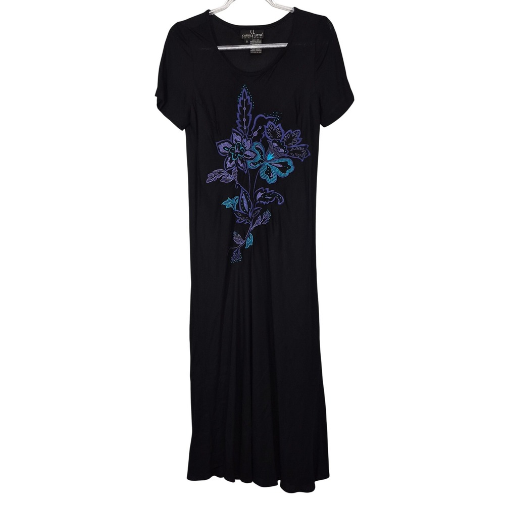 Carole Little Petite Black Rayon Maxi Dress Floral Embroidery Short Sleeve Sz 8